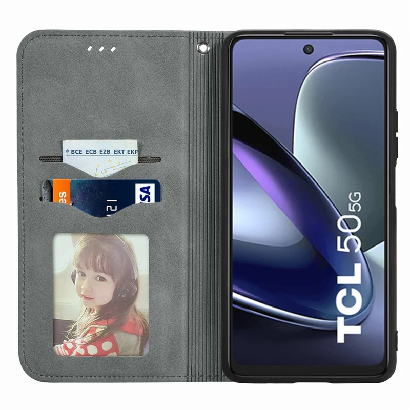 For TCL 50 5G Case Skin Touch Feeling Leather Card Holder Phone Cover Magnetic Absorption - Grey