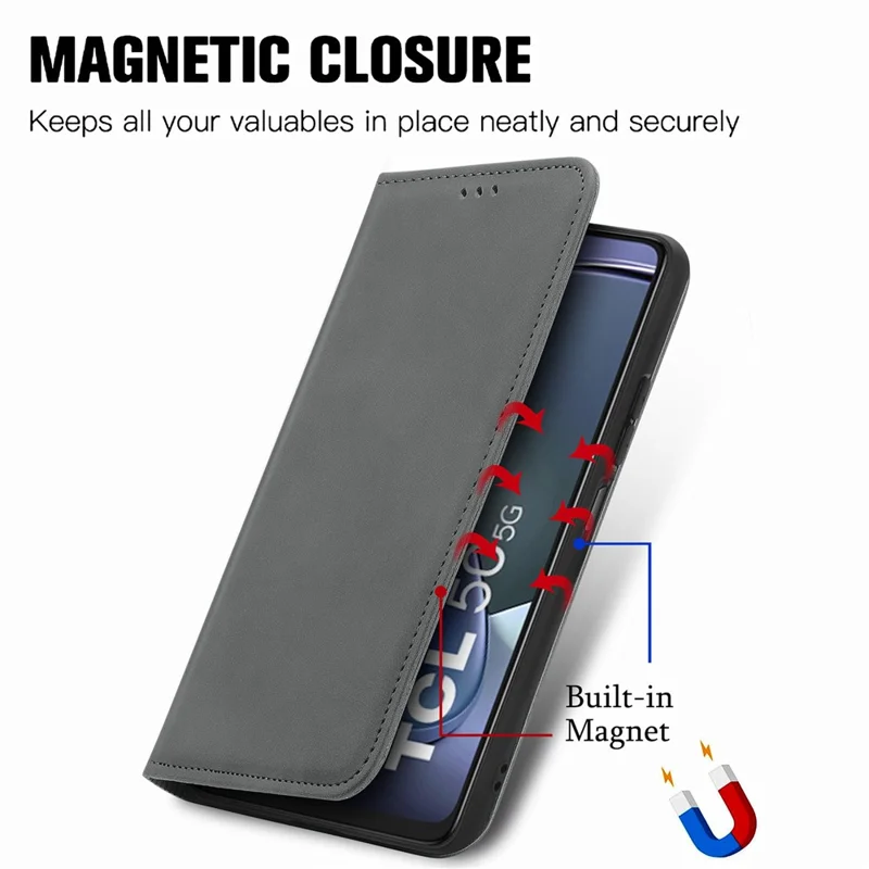 For TCL 50 5G Case Skin Touch Feeling Leather Card Holder Phone Cover Magnetic Absorption - Grey