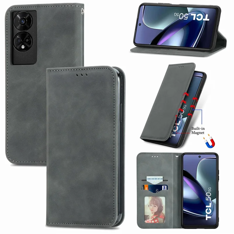 For TCL 50 5G Case Skin Touch Feeling Leather Card Holder Phone Cover Magnetic Absorption - Grey