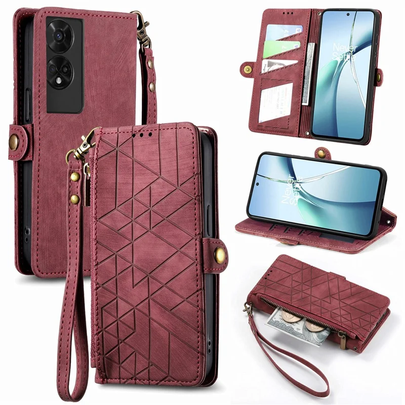 For TCL 50 5G PU Leather Stand Wallet Cover Geometry Imprinted Phone Case - Red