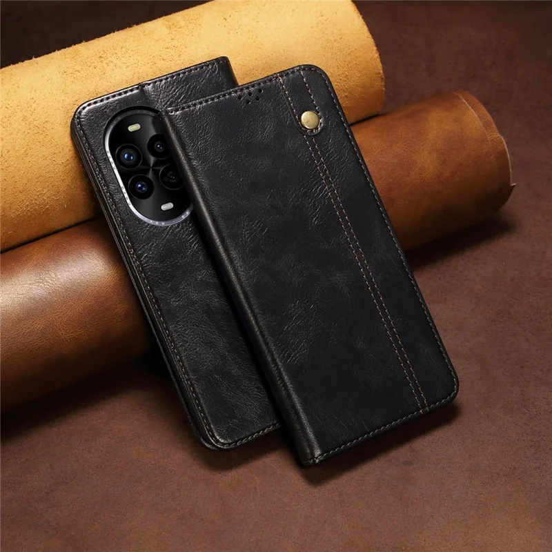 Для Huawei nova 13 Pro, чехол с текстурой бешеной лошади, восковая кожаная подставка-кошелек для телефона - черный