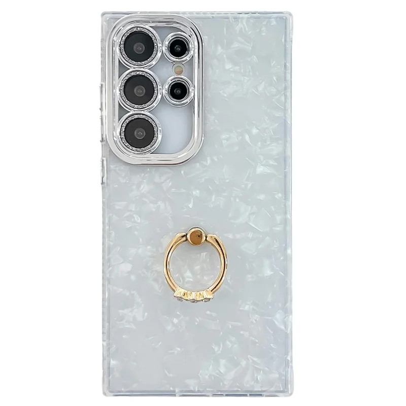 For Samsung Galaxy S25 Ultra Case with Lens Film IMD Anti-Scratch PC+TPU Phone Cover Ring Holder Kickstand - Shell Pattern / White