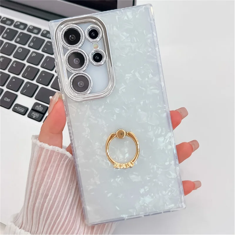 For Samsung Galaxy S25 Ultra Case with Lens Film IMD Anti-Scratch PC+TPU Phone Cover Ring Holder Kickstand - Shell Pattern / White