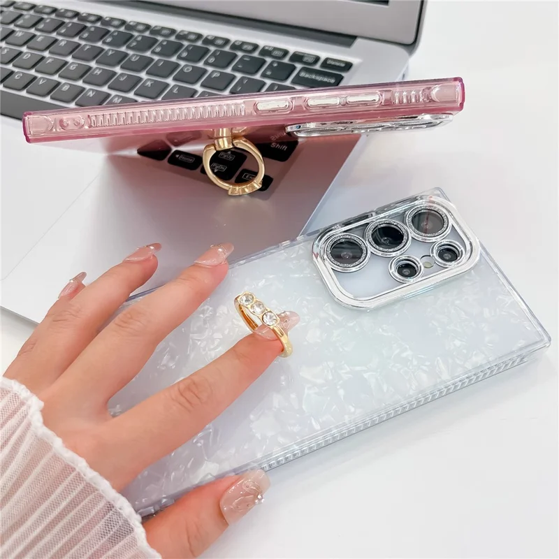 For Samsung Galaxy S25 Ultra Case with Lens Film IMD Anti-Scratch PC+TPU Phone Cover Ring Holder Kickstand - Shell Pattern / White