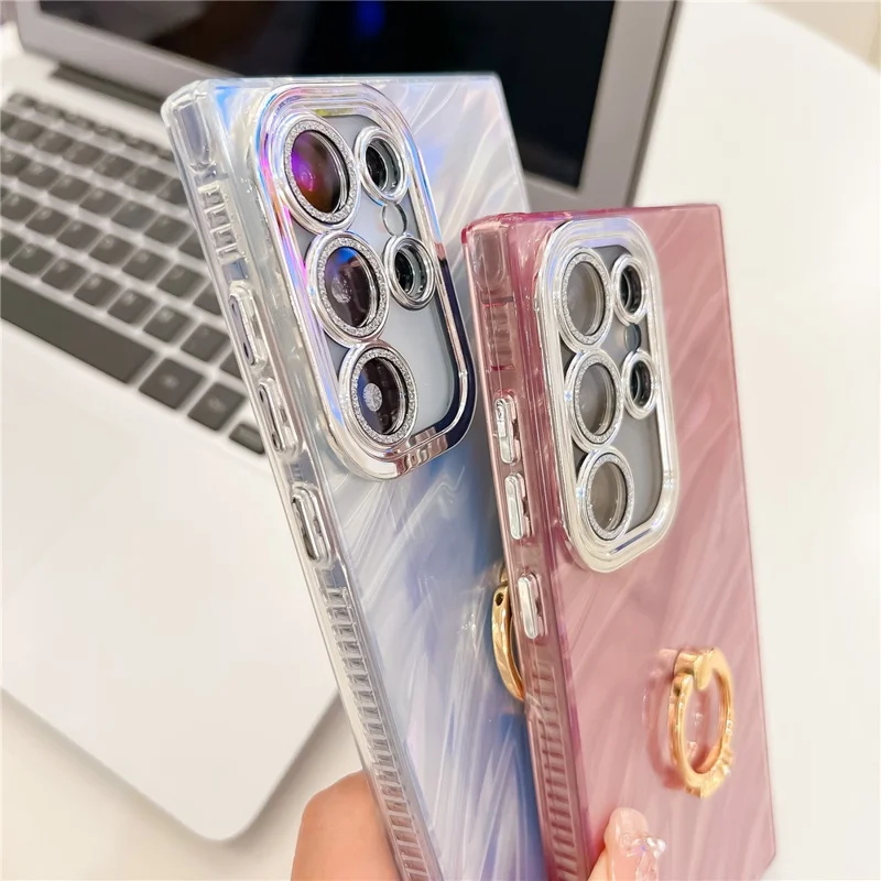 For Samsung Galaxy S25 Ultra Case with Lens Film IMD Anti-Scratch PC+TPU Phone Cover Ring Holder Kickstand - Shell Pattern / White