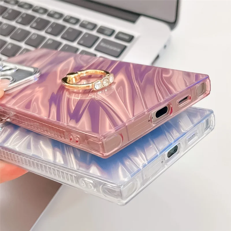 For Samsung Galaxy S25 Ultra Case with Lens Film IMD Anti-Scratch PC+TPU Phone Cover Ring Holder Kickstand - Shell Pattern / White