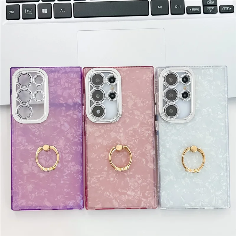 For Samsung Galaxy S25 Ultra Case with Lens Film IMD Anti-Scratch PC+TPU Phone Cover Ring Holder Kickstand - Shell Pattern / White