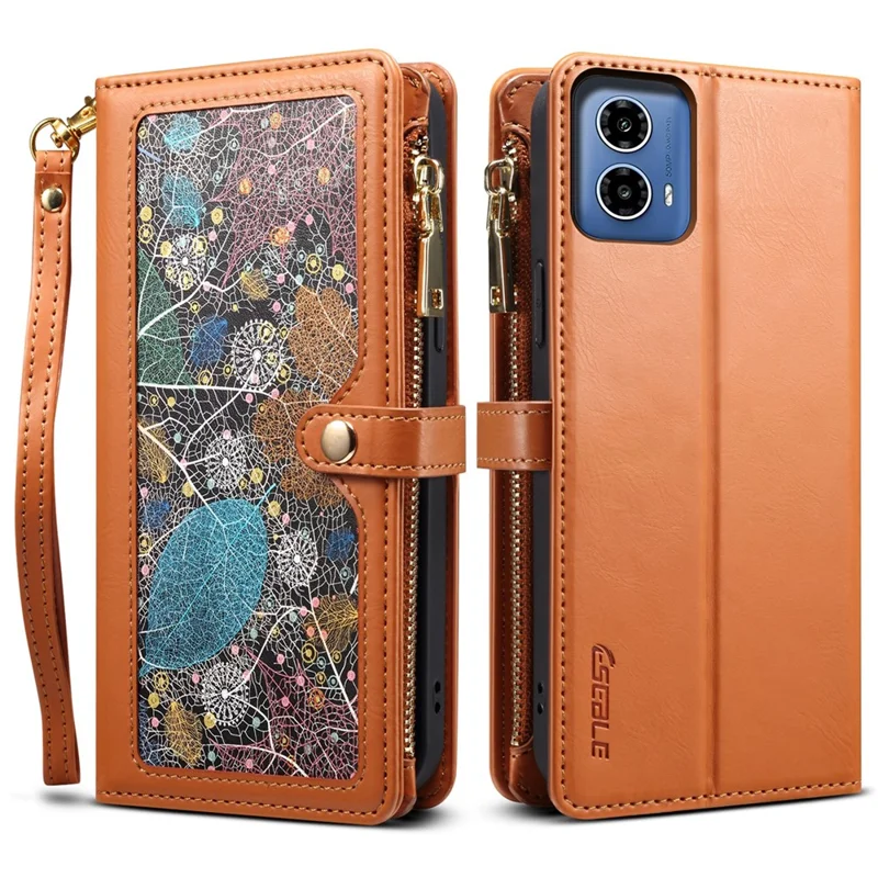 ESEBLE Galaxy Series For Motorola Moto G35 5G Case Leather Zipper Phone Cover RFID Blocking - Brown