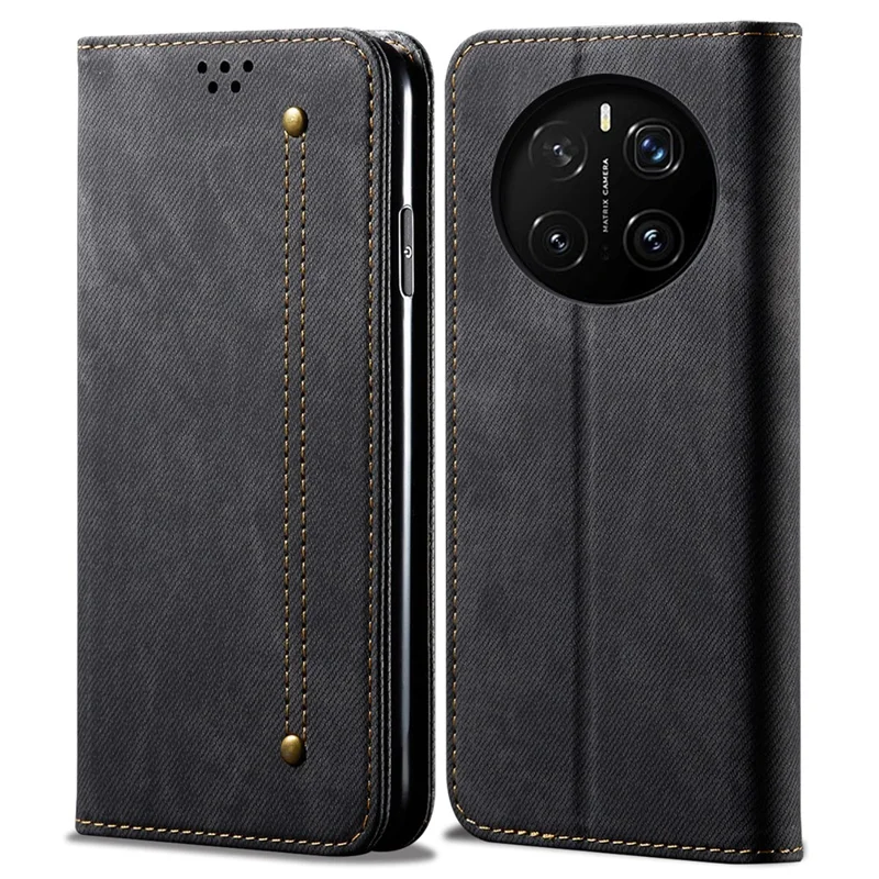 For Honor Magic7 Pro 5G Case Jeans Cloth Texture Anti-Scratch Leather Stand Phone Cover - Schwarz
