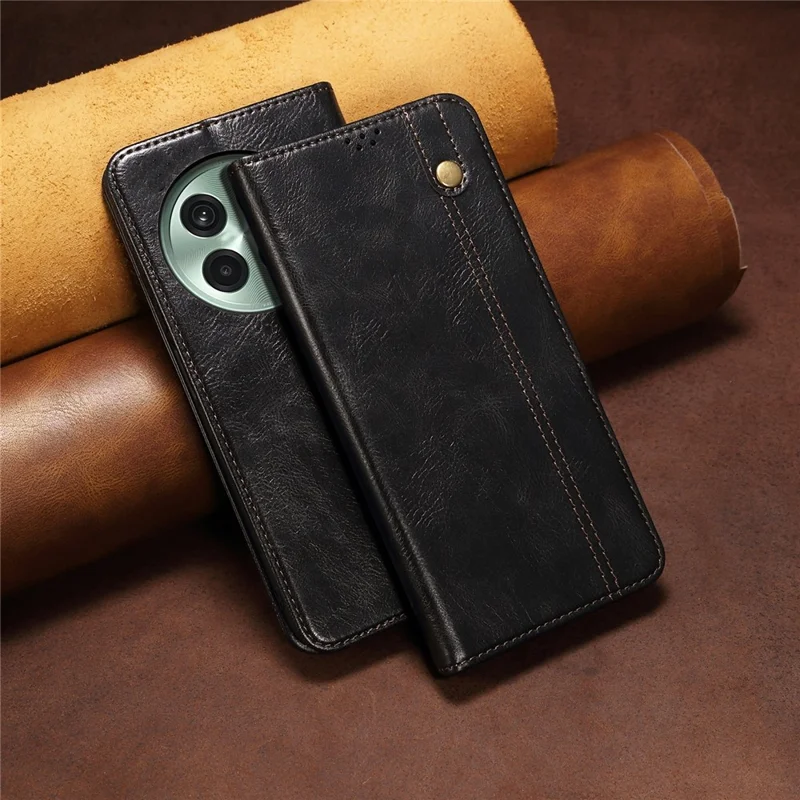 For OnePlus 13 Case Crazy Horse Texture Waxy Leather Wallet Stand Phone Cover - Black