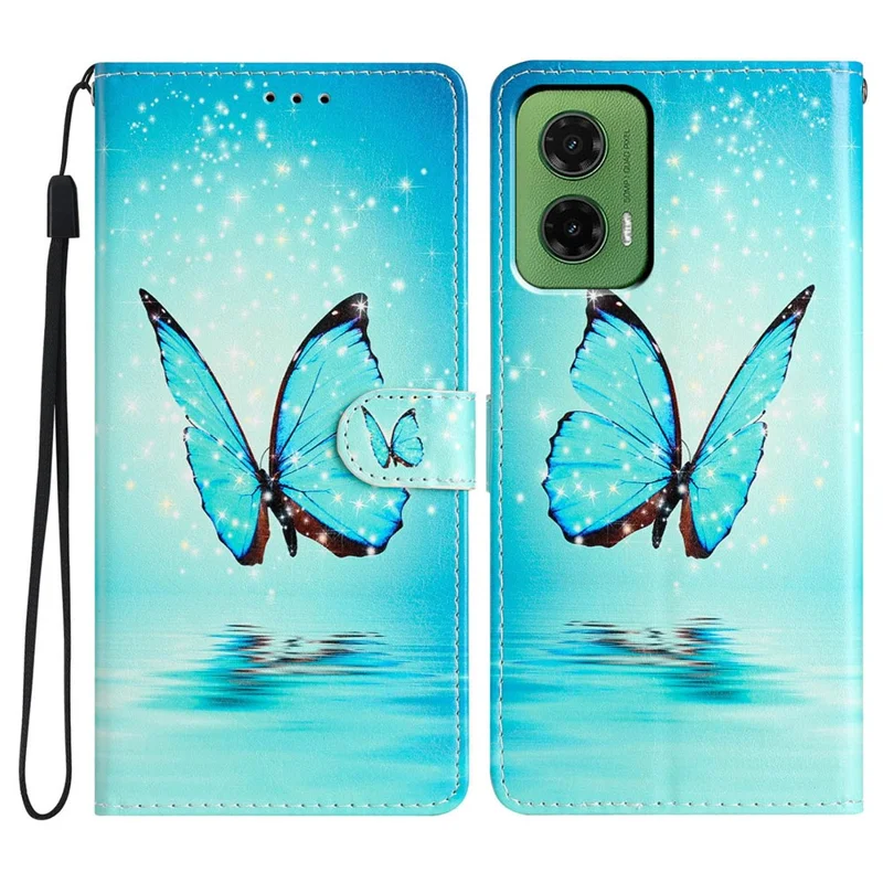 Für Motorola Moto G35 5G Wallet Case PU Leder Muster Druck Telefon Abdeckung mit Gurt - Blauer Schmetterling