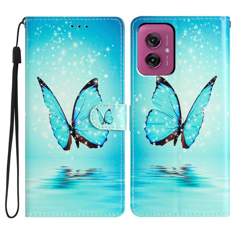 For Motorola Moto G55 5G Wallet Case PU Leather Pattern Printing Stand Phone Cover with Strap - Blue Butterfly