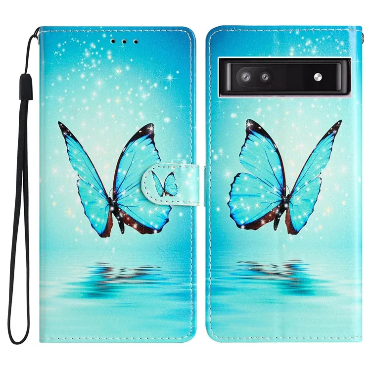 Für Google Pixel 9a Wallet Case PU Leder Muster Druck Stand Phone Cover mit Gurt - Blauer Schmetterling