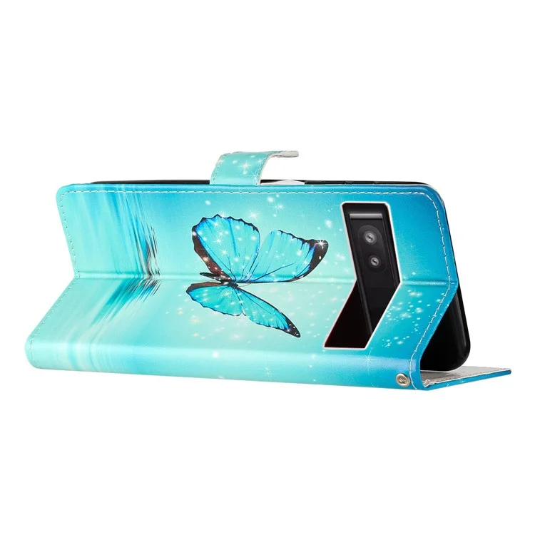 Für Google Pixel 9a Wallet Case PU Leder Muster Druck Stand Phone Cover mit Gurt - Blauer Schmetterling