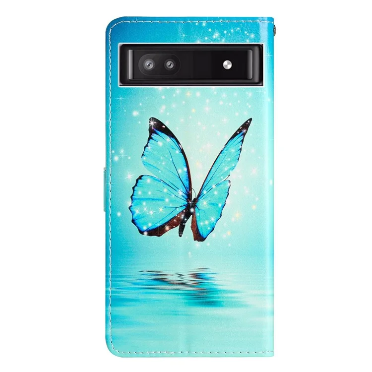Für Google Pixel 9a Wallet Case PU Leder Muster Druck Stand Phone Cover mit Gurt - Blauer Schmetterling