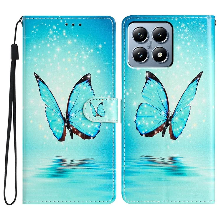 Funda de cartera para Xiaomi 14T Pro de piel sintética con impresión de patrón y soporte, con correa - Mariposa azul