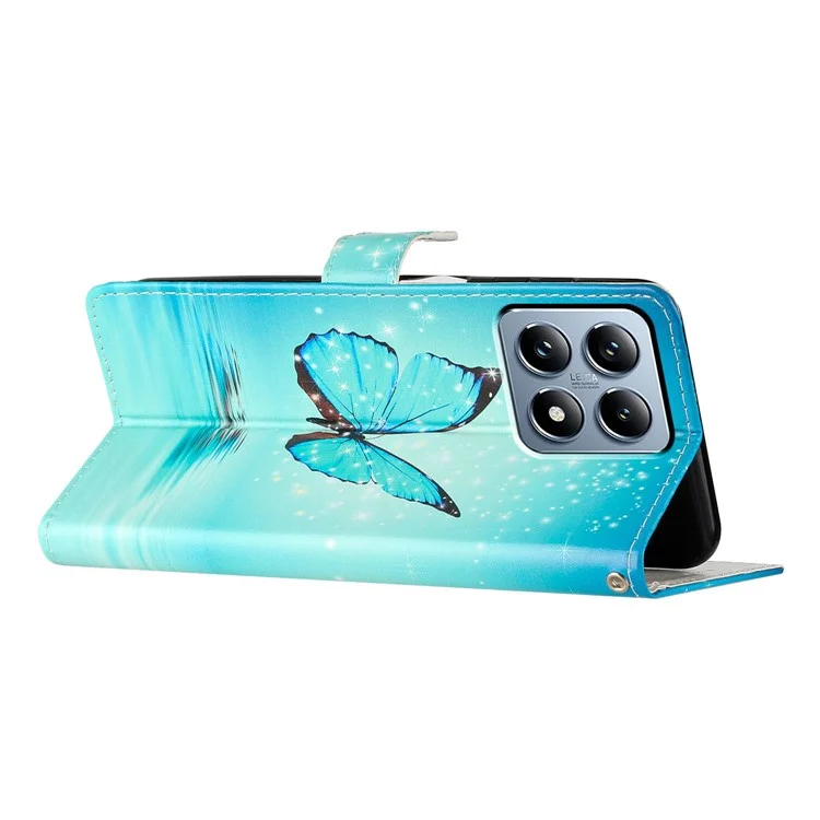 Funda de cartera para Xiaomi 14T Pro de piel sintética con impresión de patrón y soporte, con correa - Mariposa azul