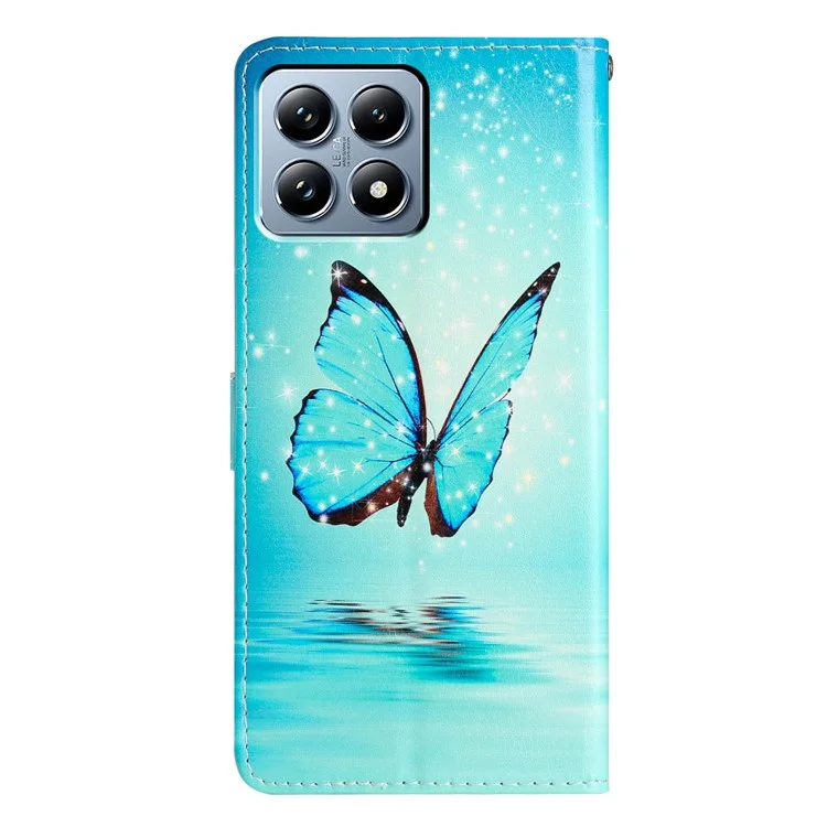 Funda de cartera para Xiaomi 14T Pro de piel sintética con impresión de patrón y soporte, con correa - Mariposa azul