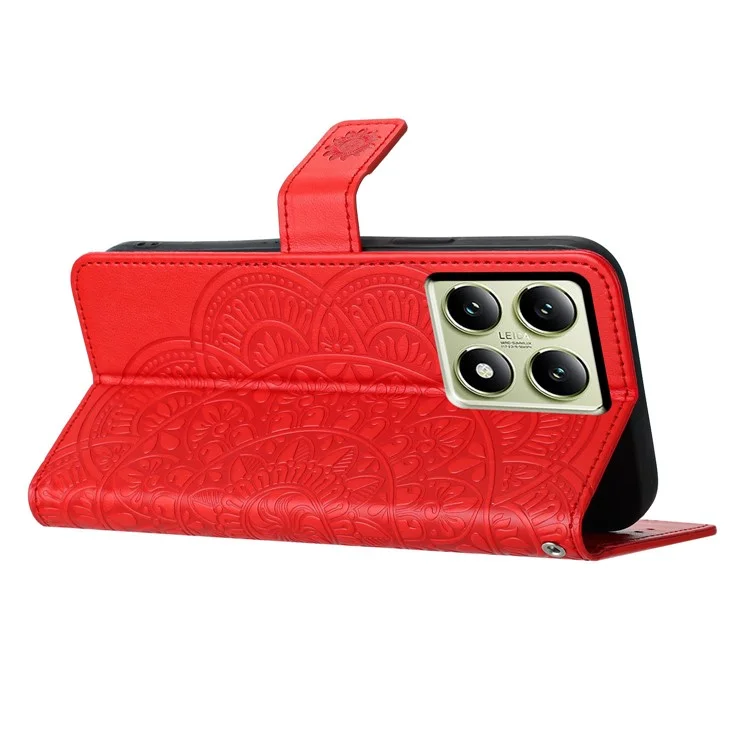 For Xiaomi 14T Leather Case with Card Slots Mandala Pattern Phone Cover Stand - Red
