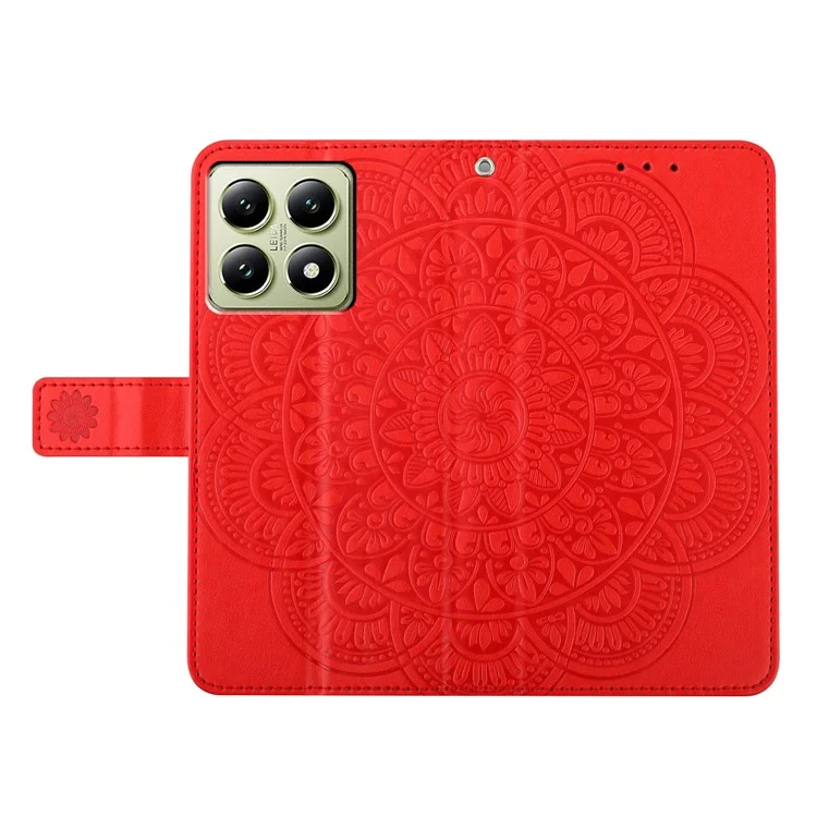 For Xiaomi 14T Leather Case with Card Slots Mandala Pattern Phone Cover Stand - Red