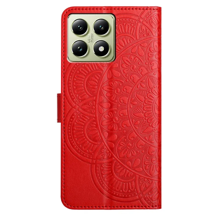 For Xiaomi 14T Leather Case with Card Slots Mandala Pattern Phone Cover Stand - Red