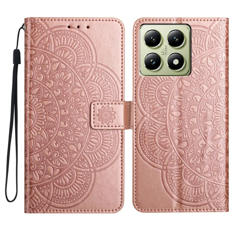 For Xiaomi 14T Pro Leather Case with Card Slots Mandala Pattern Phone Cover Stand - Rose Gold