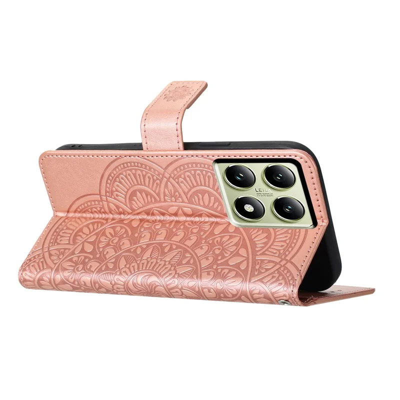 For Xiaomi 14T Pro Leather Case with Card Slots Mandala Pattern Phone Cover Stand - Rose Gold