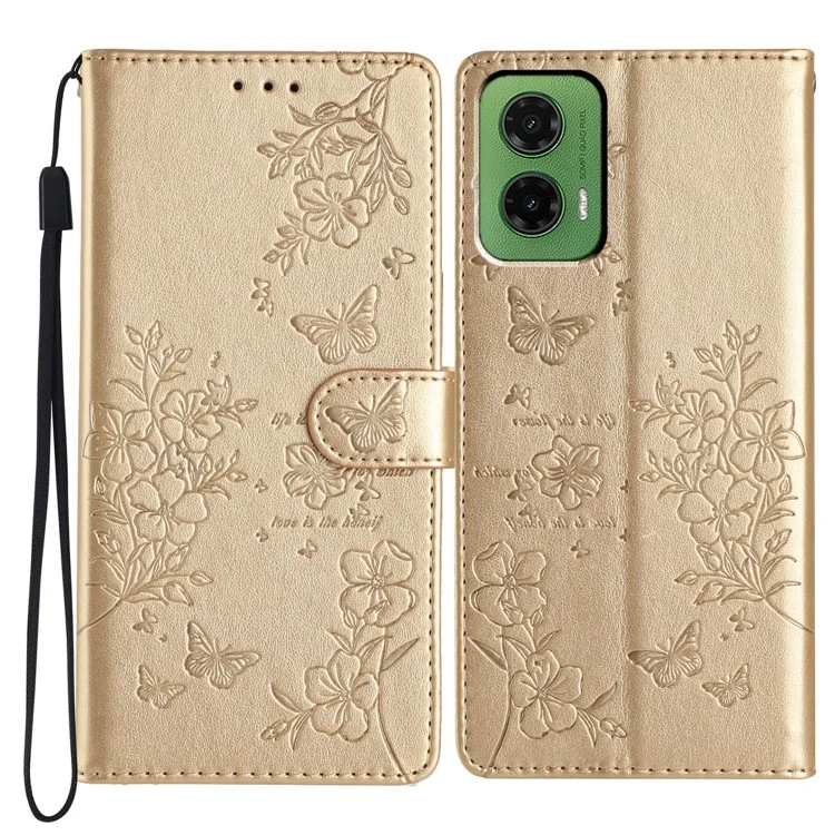 For Motorola Moto G35 5G Wallet Phone Case Butterfly Floral Imprint Leather Flip Cover - Gold