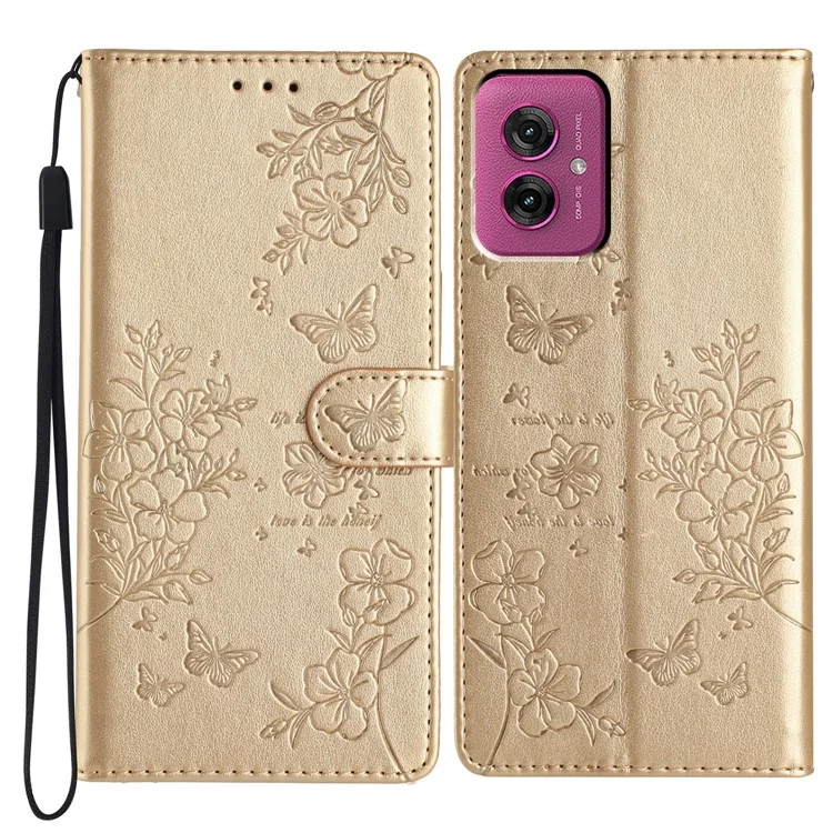 Capa de couro com impressão de borboleta e floral para Motorola Moto G55 5G - Dourada