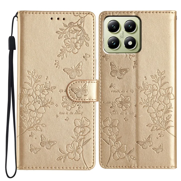 For Xiaomi 14T Wallet Phone Case Butterfly Floral Imprint Leather Flip Cover - Gold