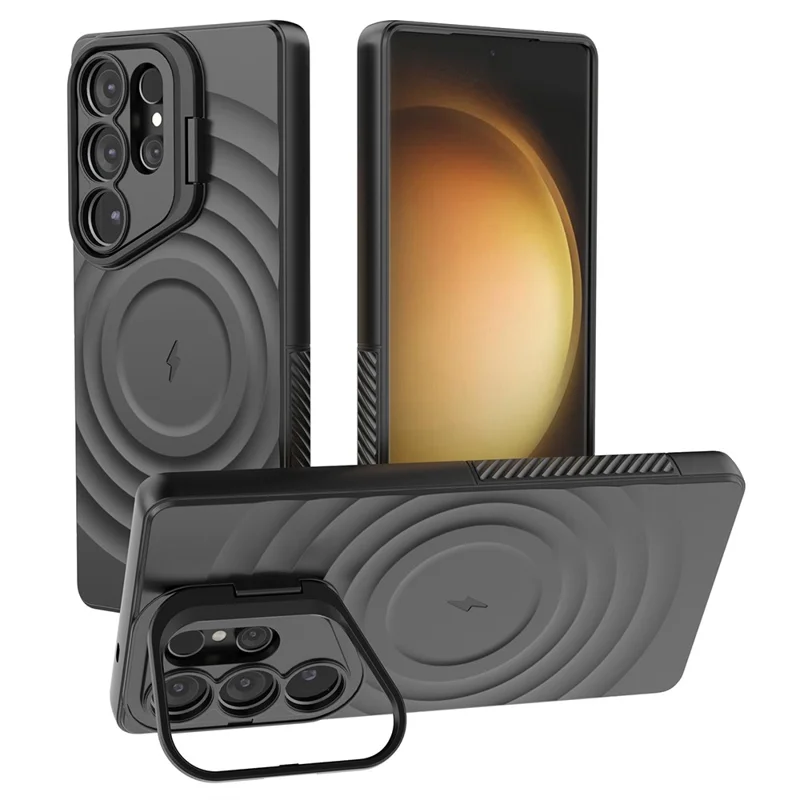 Zwart telefoonhoesje voor Samsung Galaxy S25 Ultra, compatibel met MagSafe, met PC-standaard en rimpelstructuur van TPU