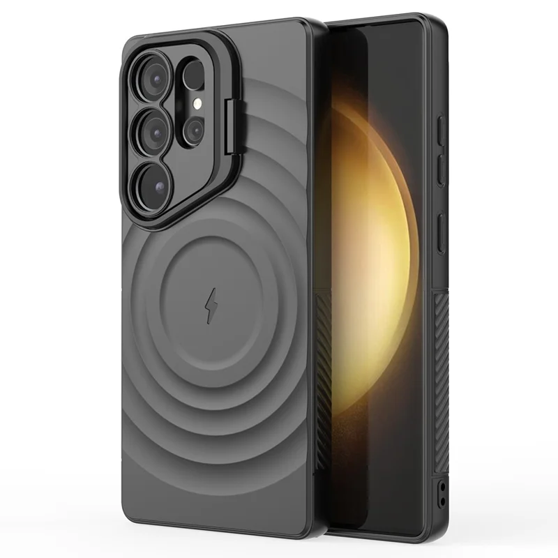 Zwart telefoonhoesje voor Samsung Galaxy S25 Ultra, compatibel met MagSafe, met PC-standaard en rimpelstructuur van TPU