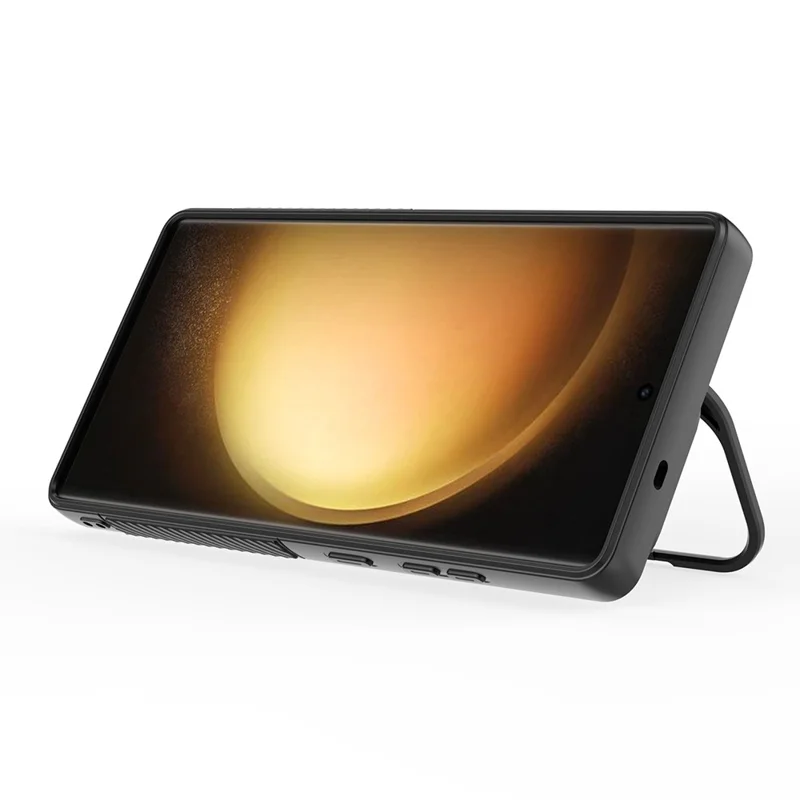 Zwart telefoonhoesje voor Samsung Galaxy S25 Ultra, compatibel met MagSafe, met PC-standaard en rimpelstructuur van TPU