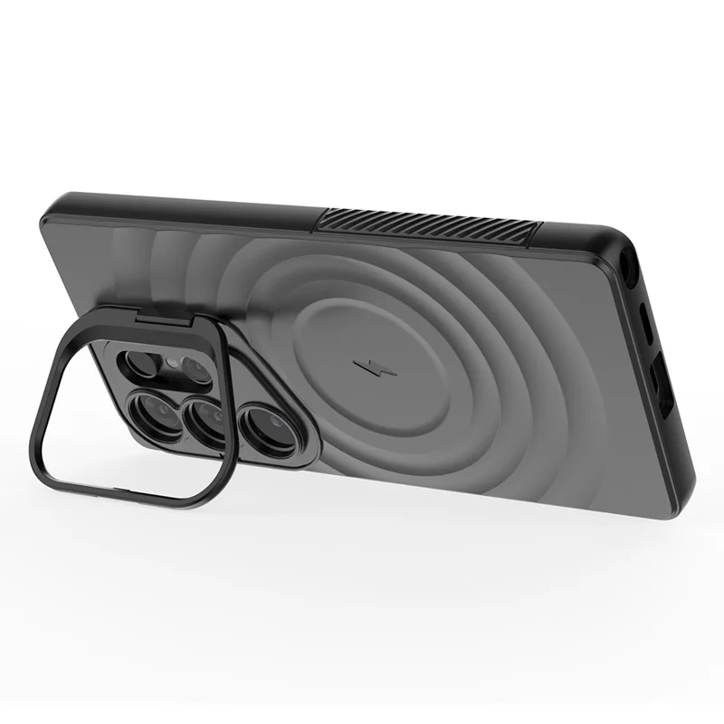 Zwart telefoonhoesje voor Samsung Galaxy S25 Ultra, compatibel met MagSafe, met PC-standaard en rimpelstructuur van TPU