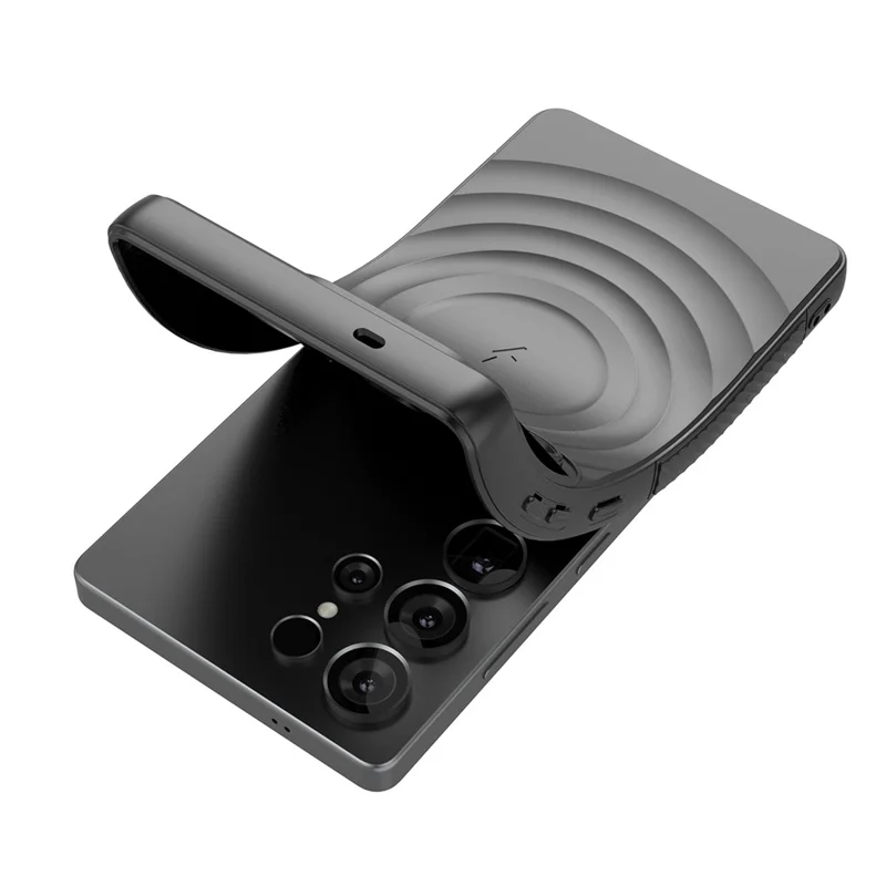 Zwart telefoonhoesje voor Samsung Galaxy S25 Ultra, compatibel met MagSafe, met PC-standaard en rimpelstructuur van TPU