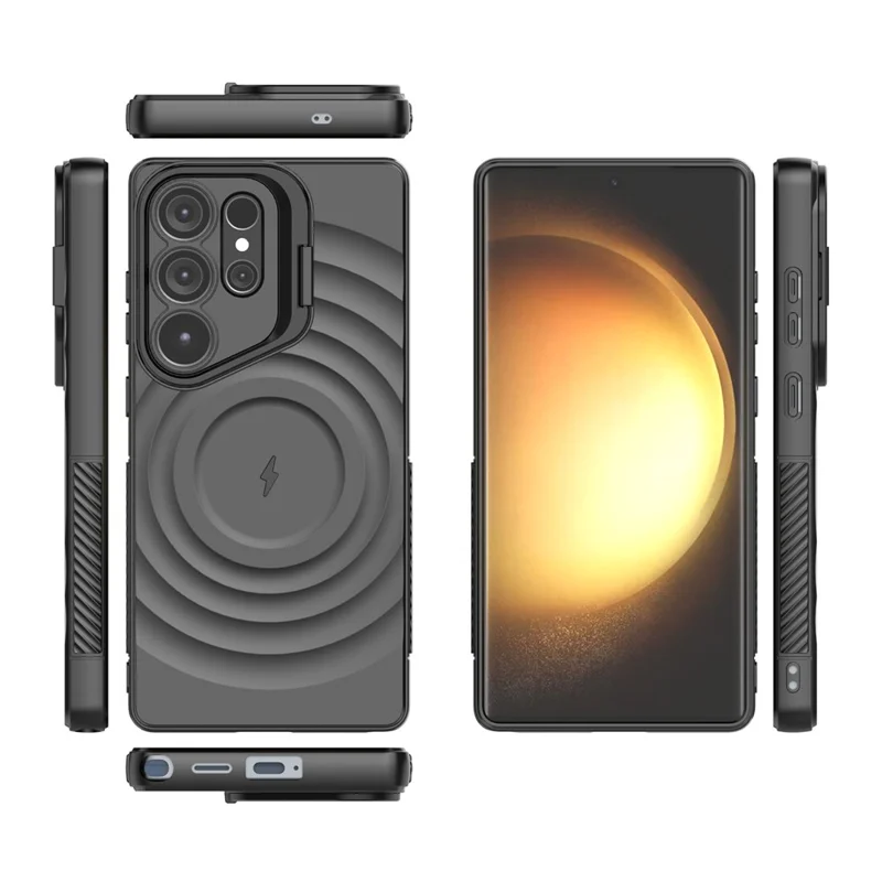 Zwart telefoonhoesje voor Samsung Galaxy S25 Ultra, compatibel met MagSafe, met PC-standaard en rimpelstructuur van TPU