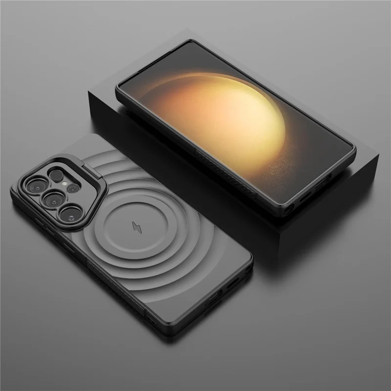 Zwart telefoonhoesje voor Samsung Galaxy S25 Ultra, compatibel met MagSafe, met PC-standaard en rimpelstructuur van TPU