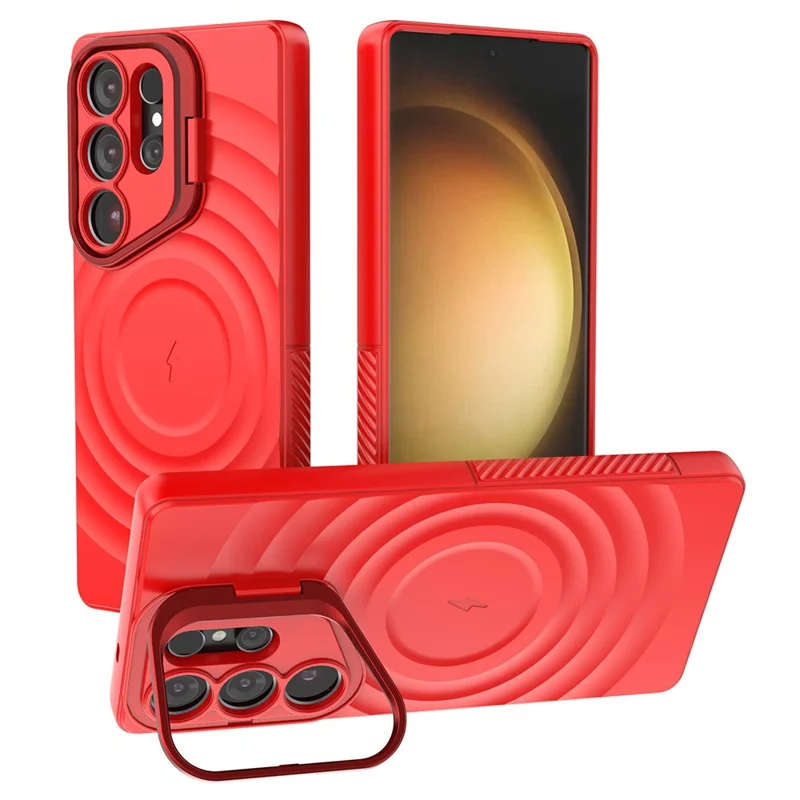 For Samsung Galaxy S25 Ultra Magnetic Case PC Kickstand Ripple Texture TPU Phone Cover - Red