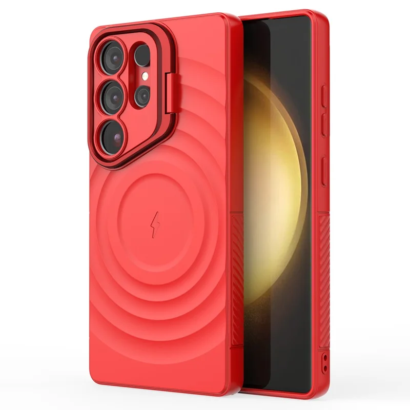 For Samsung Galaxy S25 Ultra Magnetic Case PC Kickstand Ripple Texture TPU Phone Cover - Red