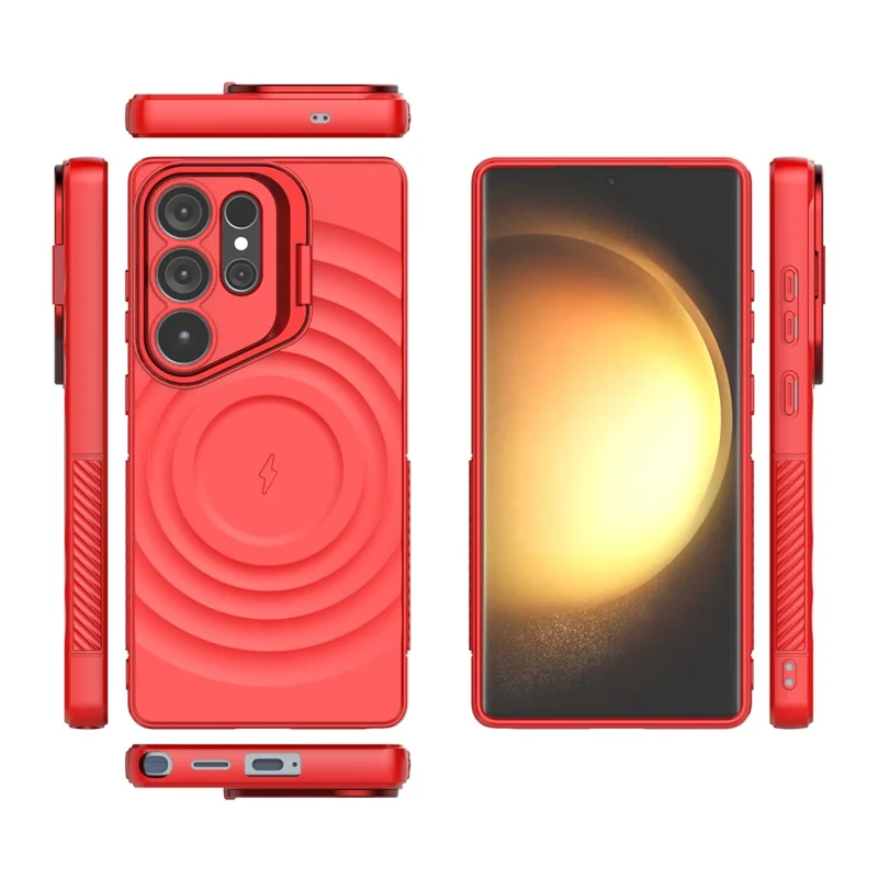 For Samsung Galaxy S25 Ultra Magnetic Case PC Kickstand Ripple Texture TPU Phone Cover - Red
