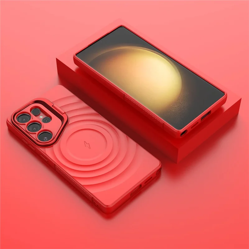For Samsung Galaxy S25 Ultra Magnetic Case PC Kickstand Ripple Texture TPU Phone Cover - Red