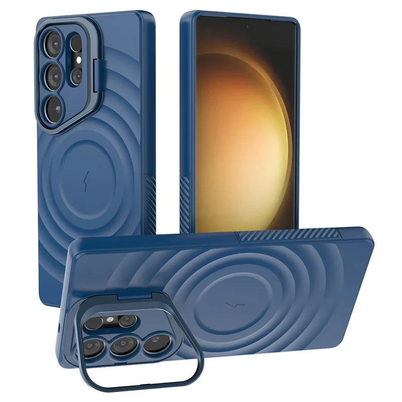 For Samsung Galaxy S25 Ultra Magnetic Case PC Kickstand Ripple Texture TPU Phone Cover - Blue