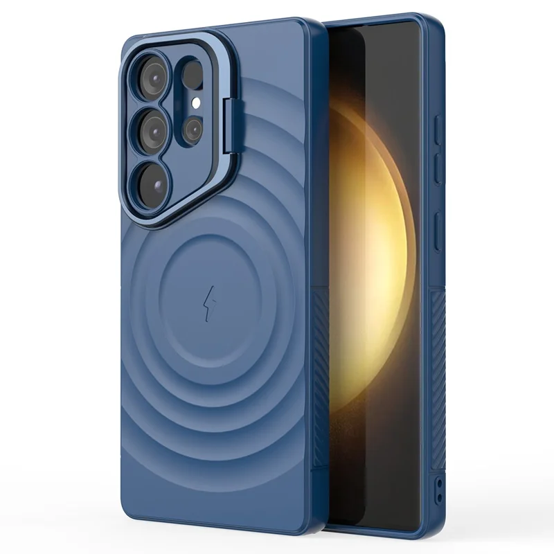 For Samsung Galaxy S25 Ultra Magnetic Case PC Kickstand Ripple Texture TPU Phone Cover - Blue