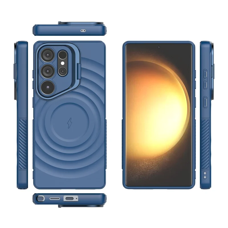 For Samsung Galaxy S25 Ultra Magnetic Case PC Kickstand Ripple Texture TPU Phone Cover - Blue