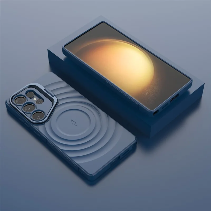For Samsung Galaxy S25 Ultra Magnetic Case PC Kickstand Ripple Texture TPU Phone Cover - Blue