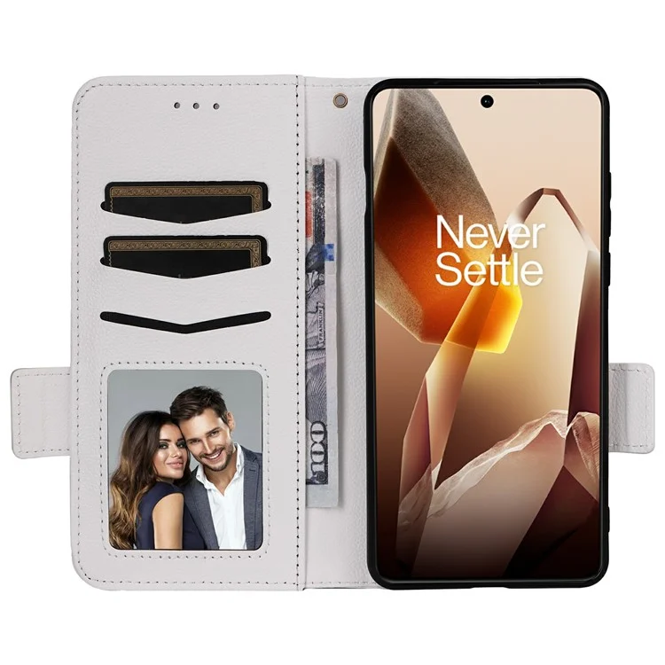 Para Caso OnePlus 13 Textura de Lichia PU Couro Carteira Flip Cover do Telefone - Branco