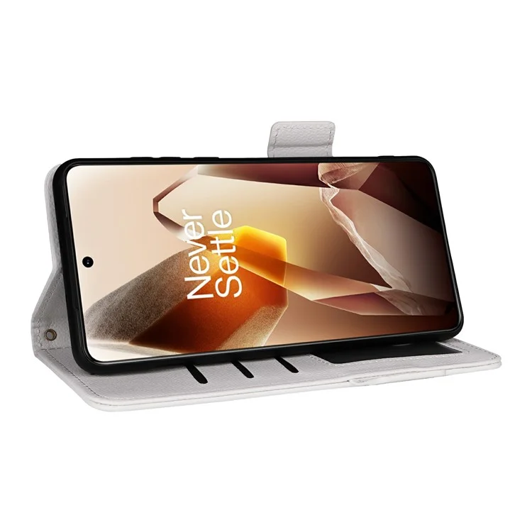 Para Caso OnePlus 13 Textura de Lichia PU Couro Carteira Flip Cover do Telefone - Branco