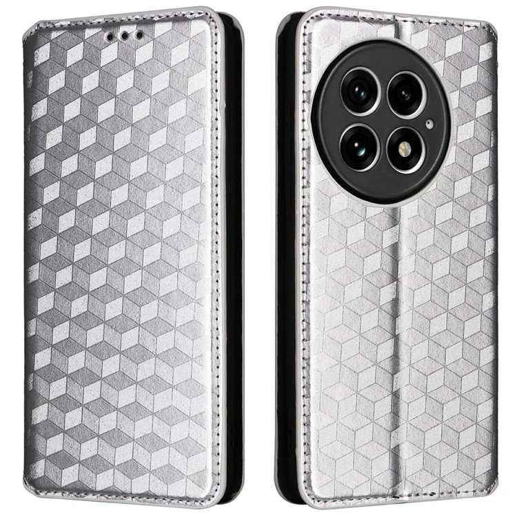 Funda de cuero con relieve en forma de rombo para OnePlus 13 - Plata