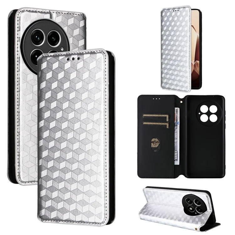 Funda de cuero con relieve en forma de rombo para OnePlus 13 - Plata