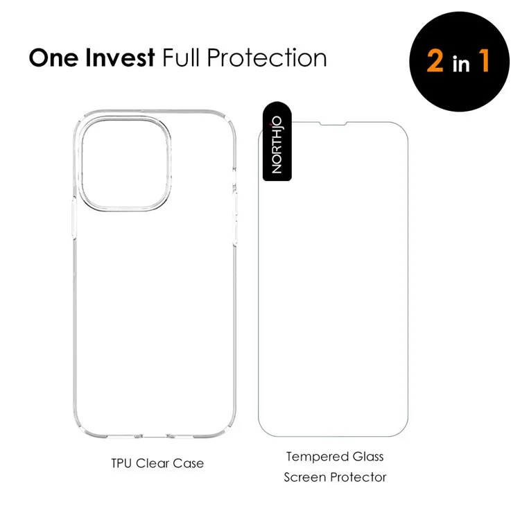 Northjo 2 en 1 Case de Teléfono Anti-Drop + Protector de Pantalla de Vidrio Templado Para la Cubierta a Prueba de Choques de TPU de Iphone 14 Pro Ultra Clear